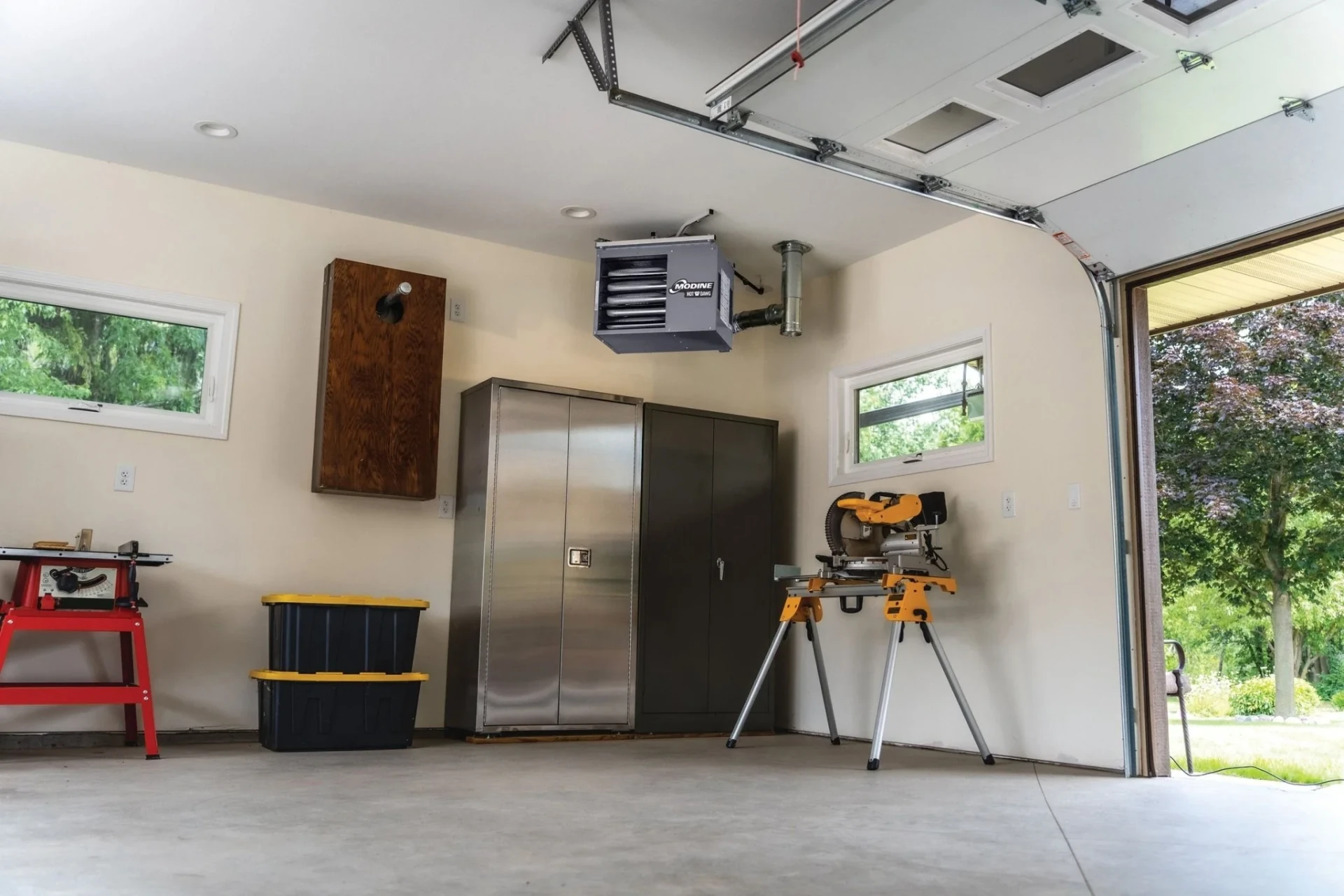 Modine Hot Dawg gas-fired unit heater mounted in a residential garage