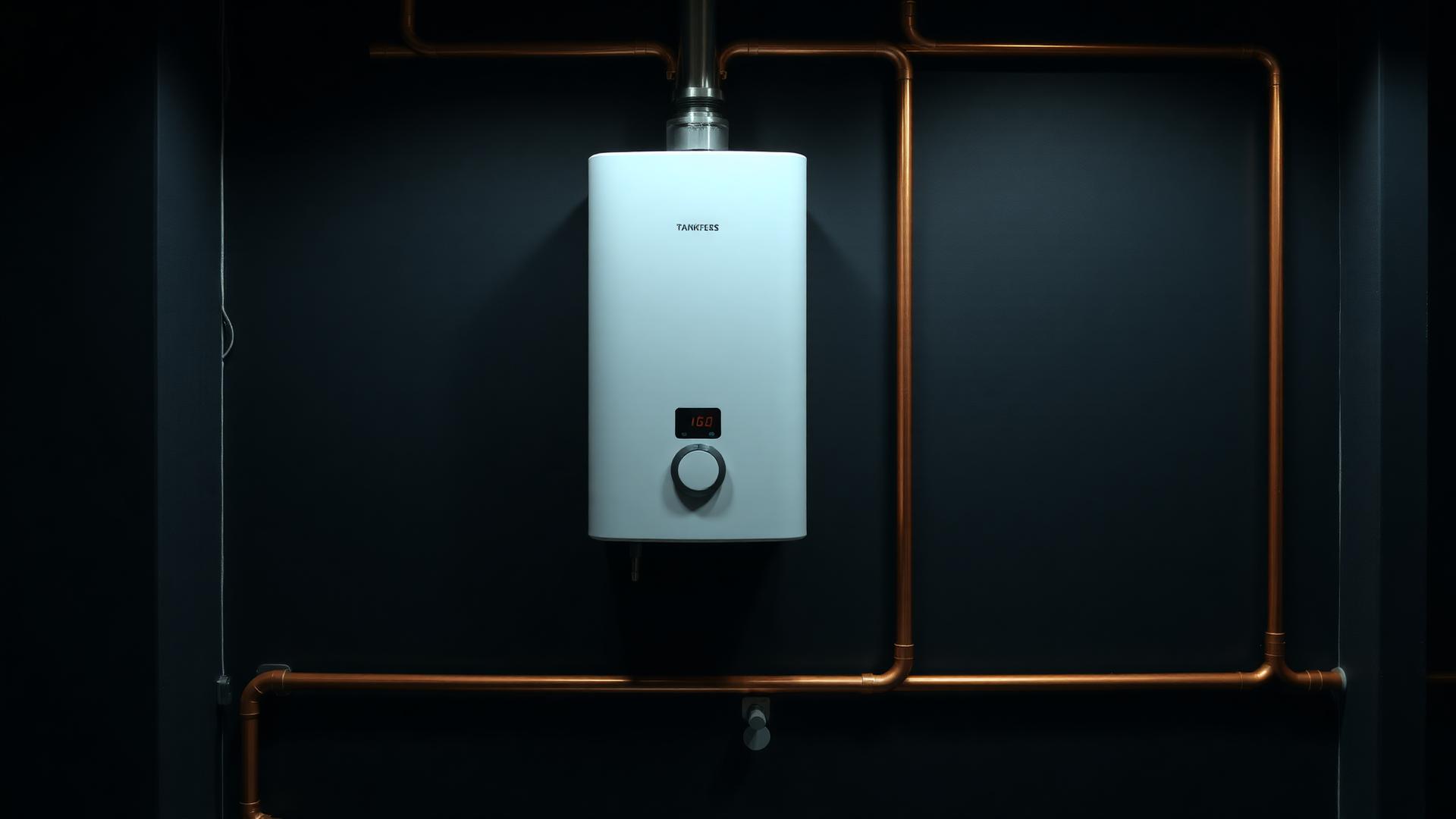 Modern tankless water heater mounted on a dark wall with copper plumbing lines