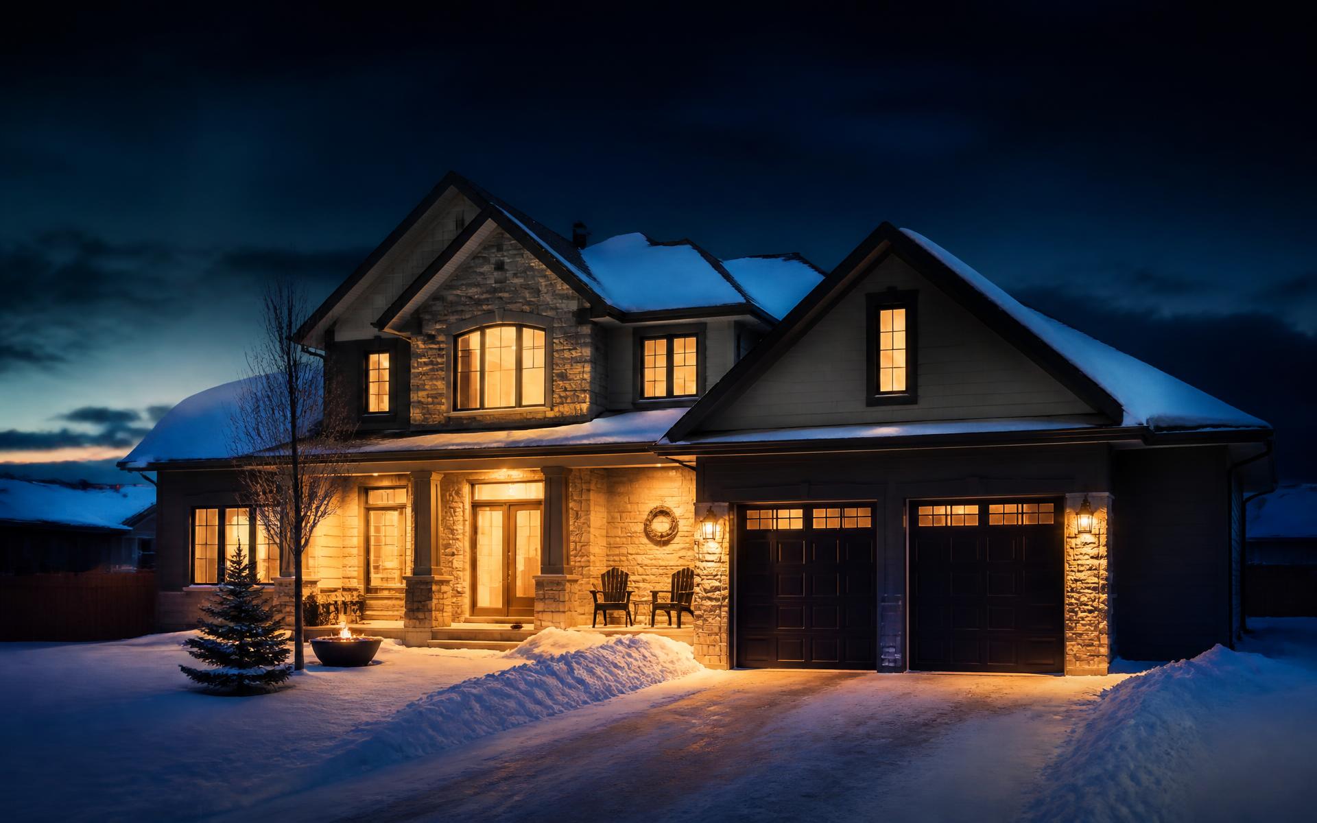 Warm-lit Canadian home on a snowy winter evening in Edmonton