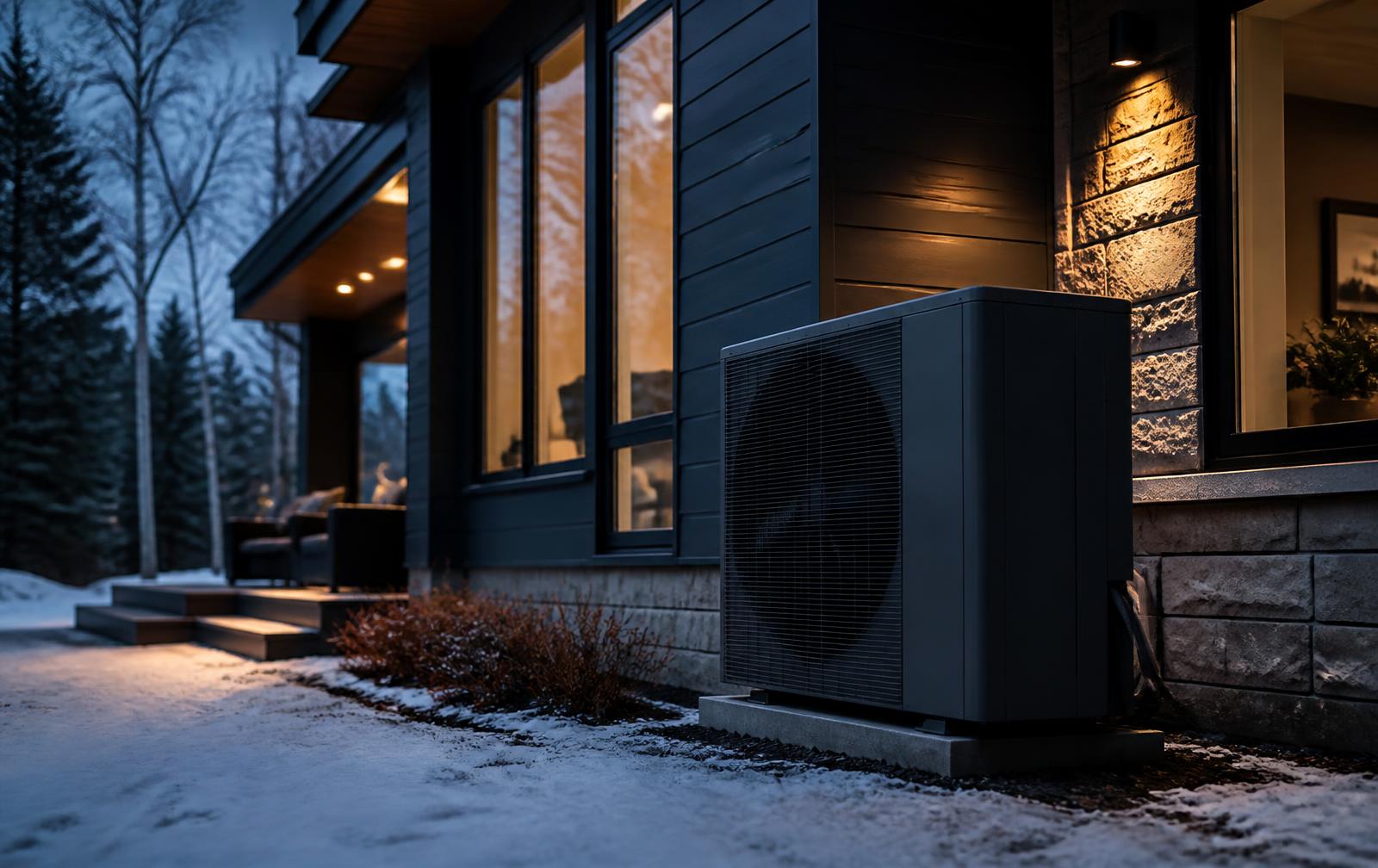 Modern residential air-source heat pump unit beside a home in winter